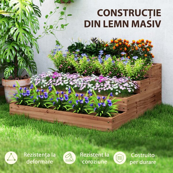 Outsunny Strat Înălțat de Grădină cu 4 Niveluri, Jardinieră de Balcon cu Bază Deschisă și Căptușeală, 113x113x46 cm, Maro | Aosom Romania