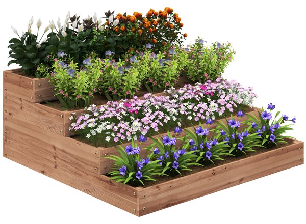 Outsunny Strat Înălțat de Grădină cu 4 Niveluri, Jardinieră de Balcon cu Bază Deschisă și Căptușeală, 113x113x46 cm, Maro | Aosom Romania