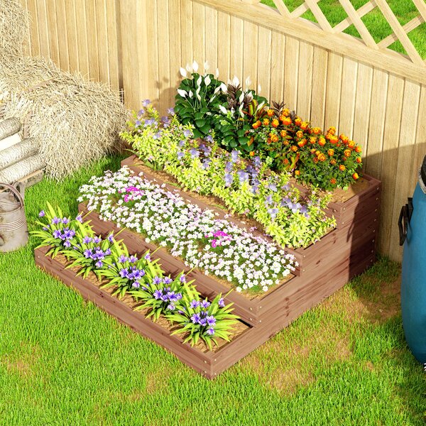 Outsunny Strat Înălțat de Grădină cu 4 Niveluri, Jardinieră de Balcon cu Bază Deschisă și Căptușeală, 113x113x46 cm, Maro | Aosom Romania