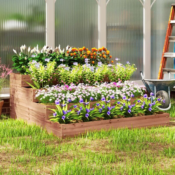 Outsunny Strat Înălțat de Grădină cu 4 Niveluri, Jardinieră de Balcon cu Bază Deschisă și Căptușeală, 113x113x46 cm, Maro | Aosom Romania