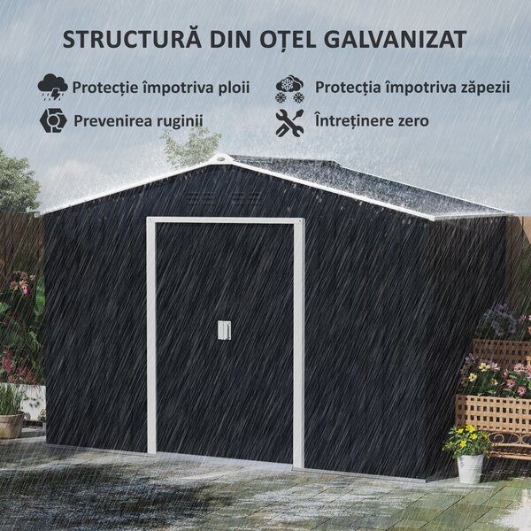 Outsunny Șopron pentru Unelte cu Acoperiș Înclinat și Uși Glisante Duble, 277x195x192 cm, Gri Închis | Aosom Romania