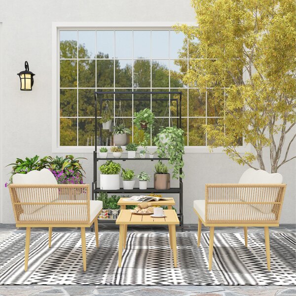 Outsunny Set Mobilier de Grădină din 4 Piese cu 2 Canapele și 2 Măsuțe de Cafea, 116x65x70 cm, Alb Crem | Aosom Romania