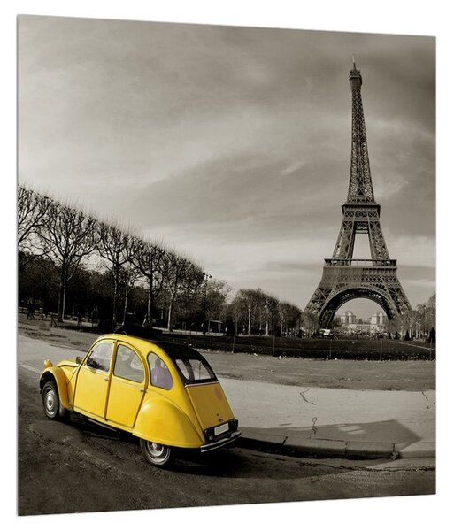 Tablou cu turnul Eiffel și mașina galbenă (30x30 cm)