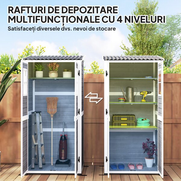 Outsunny Magazie pentru Unelte de Grădină din Lemn de Brad cu 2 Ferestre și Rafturi Reglabile, 91x69x192cm, Gri Deschis | Aosom Romania