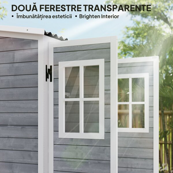 Outsunny Magazie pentru Unelte de Grădină din Lemn de Brad cu 2 Ferestre și Rafturi Reglabile, 91x69x192cm, Gri Deschis | Aosom Romania