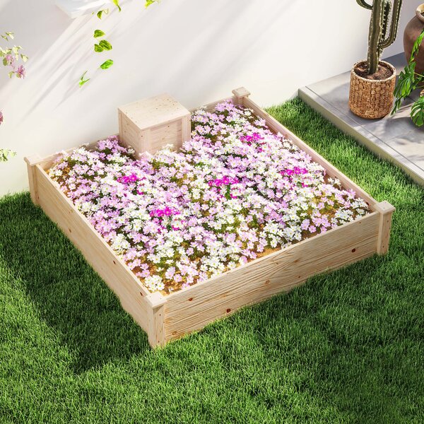 Outsunny Jardinieră de Exterior cu Compostor și Bază Deschisă din Lemn de Brad, 123x123x25,5 cm, Lemn Natural | Aosom Romania