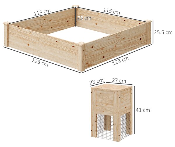 Outsunny Jardinieră de Exterior cu Compostor și Bază Deschisă din Lemn de Brad, 123x123x25,5 cm, Lemn Natural | Aosom Romania