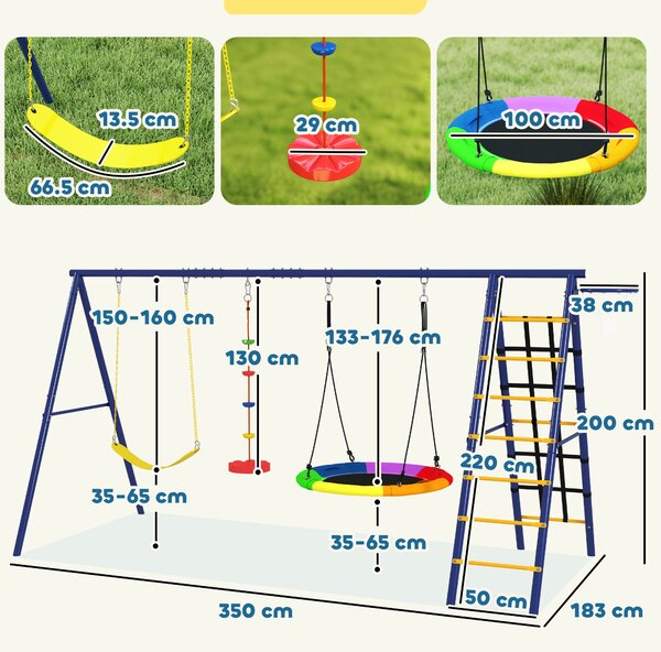 AIYAPLAY Set Leagăn de Grădină 6 în 1 pentru Copii 3-8 Ani, 350x183x200 cm, Multicolor | Aosom Romania