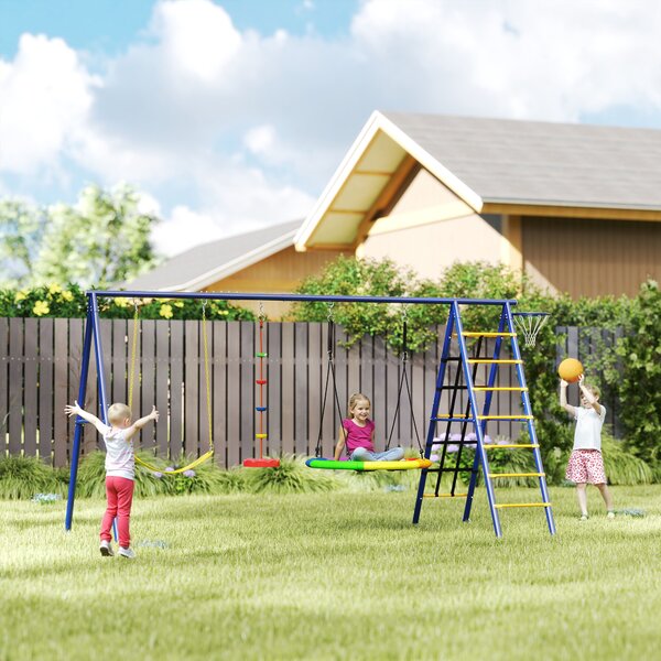AIYAPLAY Set Leagăn de Grădină 6 în 1 pentru Copii 3-8 Ani, 350x183x200 cm, Multicolor | Aosom Romania