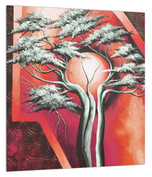 Tablou oriental roșu cu pom și soare (30x30 cm)