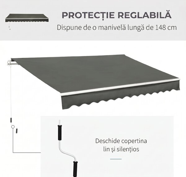 Outsunny Copertină Pliabilă pentru Exterior, Copertină Tip Roll-Up cu Deschidere Manivelă, 350x250 cm, Gri | Aosom Romania