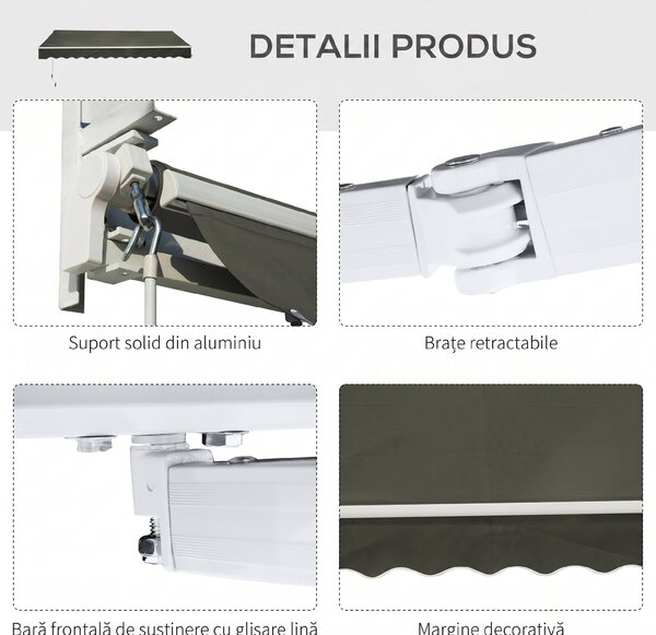 Outsunny Copertină Pliabilă pentru Exterior, Copertină Tip Roll-Up cu Deschidere Manivelă, 350x250 cm, Gri | Aosom Romania