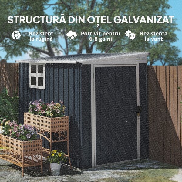 Outsunny Căsuță de Grădină din Oțel cu 2 Prize de Aer și Fereastră Transparentă, 128x193x161/181 cm, Gri Închis | Aosom Romania