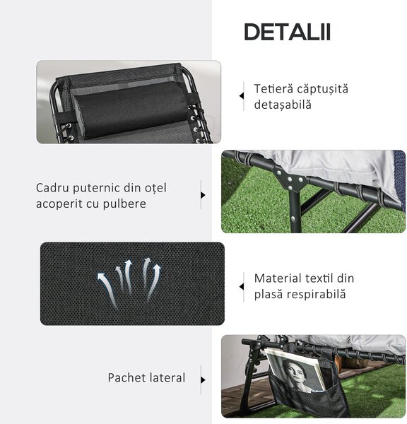 Outsunny Șezlong de Plajă Pliabil cu Spătar Reglabil, Pernă, Suport pentru Cap și Buzunar, 58x189x32.5 cm, Gri Deschis | Aosom Romania