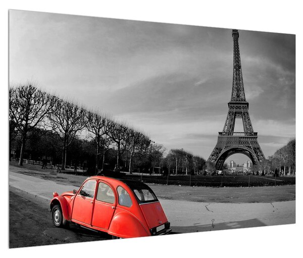 Tablou cu turnul Eiffel și mașină roșie (90x60 cm)