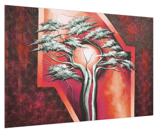 Tablou oriental roșu cu pom și soare (90x60 cm)