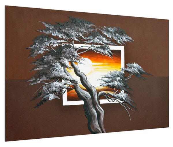 Tablou modern cu copac și răsărit de soare (90x60 cm)