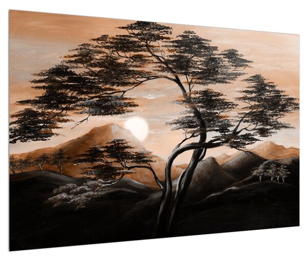 Tablou cu pom, munți și soare (90x60 cm)