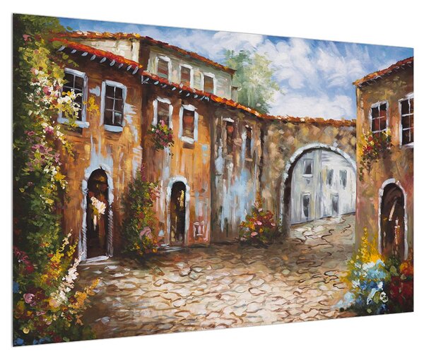 Tablou cu străduță mediteraneenă pictat (90x60 cm)