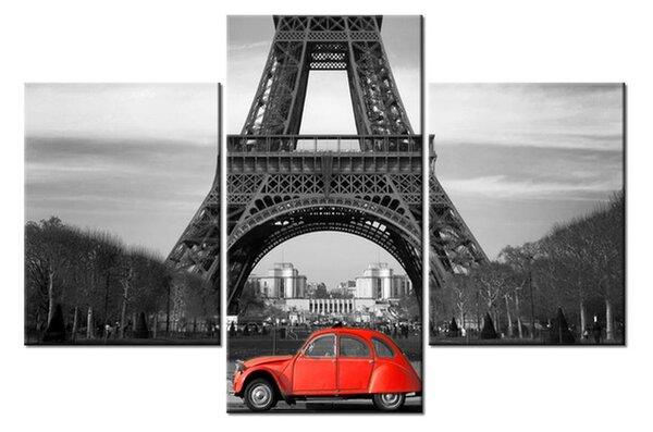 Tablou cu turnul Eiffel și mașină roșie (90x60 cm)