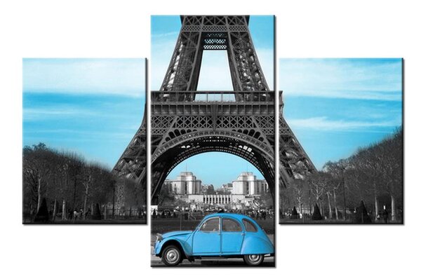 Tablou cu turnul Eiffel ți mașina albastră (90x60 cm)