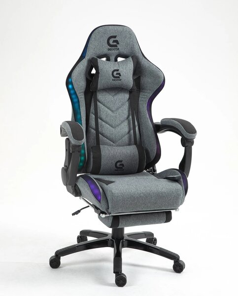Scaun gaming, Masaj 7 puncte, Sistem iluminare banda LED RGB, Boxe Bluetooth, funcție șezlong, 90-155 grade, suport picioare, Textil, Gri/Negru