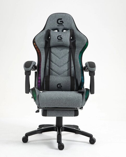 Scaun gaming, Masaj 7 puncte, Sistem iluminare banda LED RGB, Boxe Bluetooth, funcție șezlong, 90-155 grade, suport picioare, Textil, Gri/Negru