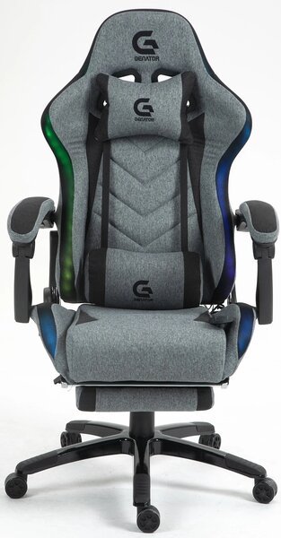 Scaun gaming, Masaj si Incalzire, Sistem iluminare banda LED RGB, Boxe Bluetooth, funcție șezlong, 90-155 grade, suport picioare, Textil, Gri/Negru