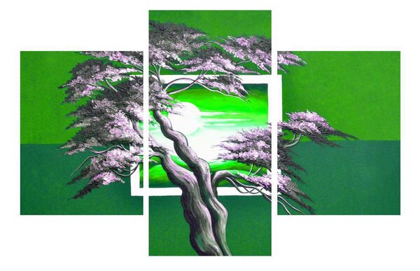 Tablou verde cu copac și răsărit de soare (90x60 cm)
