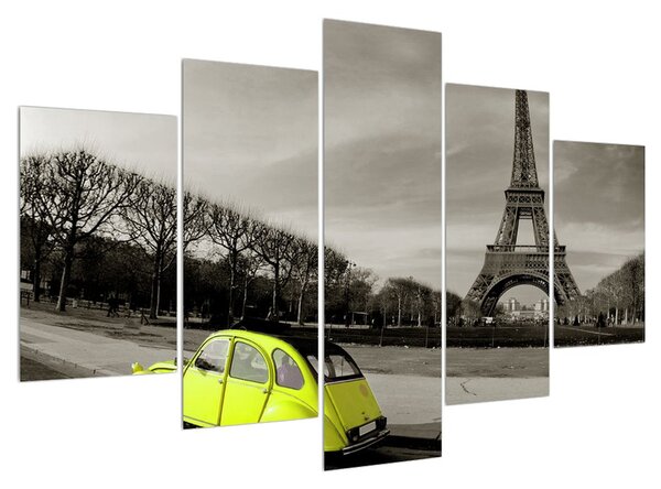 Tablou cu turnul Eiffel și mașina galbenă (150x105 cm)