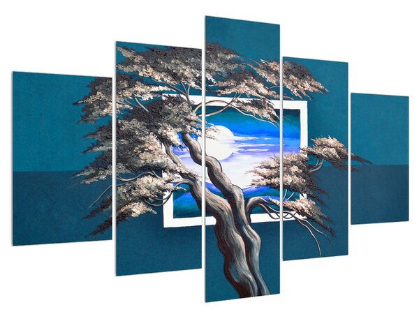 Tablou albastru cu copac și răsărit de soare (150x105 cm)
