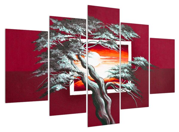 Tablou modern cu copac și răsărit de soare (150x105 cm)
