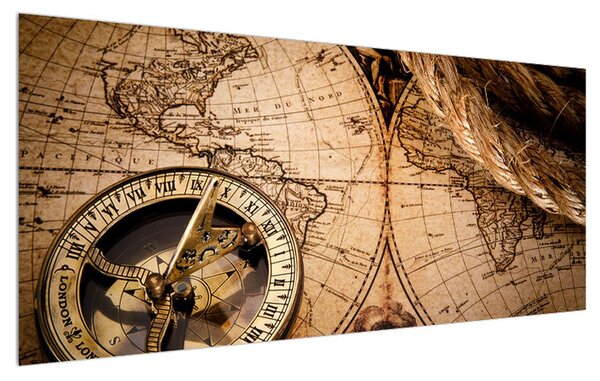 Tablou cu harta lumii și busolă (120x50 cm)