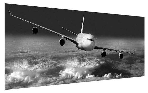 Tablou alb negru cu avion în nori (120x50 cm)