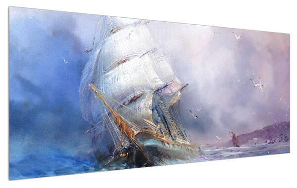 Tablou cu navă pe mare în furtună (120x50 cm)