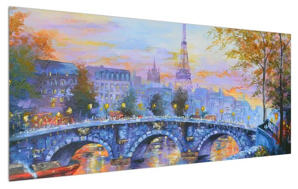 Tablou cu peisaj pictat cu turnul Eiffel (120x50 cm)