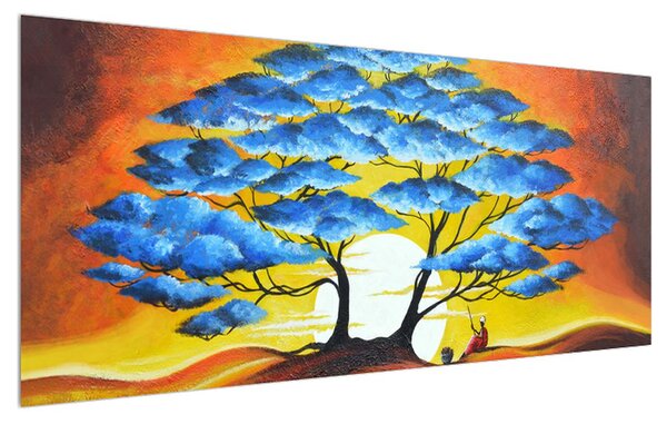 Tablou orintal cu pom albastru și soarele (120x50 cm)