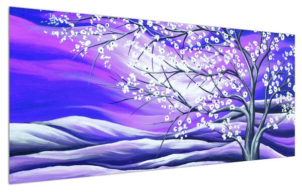 Tablou violet cu pom înflorit (120x50 cm)