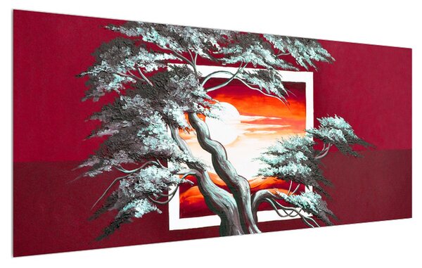 Tablou modern cu copac și răsărit de soare (120x50 cm)