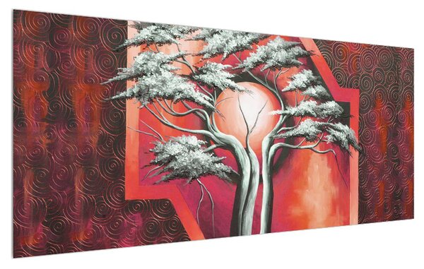 Tablou oriental roșu cu pom și soare (120x50 cm)