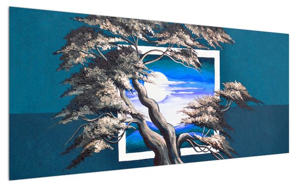 Tablou albastru cu copac și răsărit de soare (120x50 cm)
