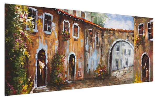 Tablou cu străduță mediteraneenă pictat (120x50 cm)