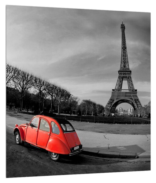 Tablou cu turnul Eiffel și mașină roșie (30x30 cm)