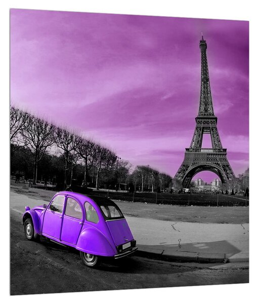 Tablou cu turnul Eiffel și mașină violet (30x30 cm)