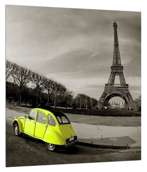 Tablou cu turnul Eiffel și mașina galbenă (30x30 cm)