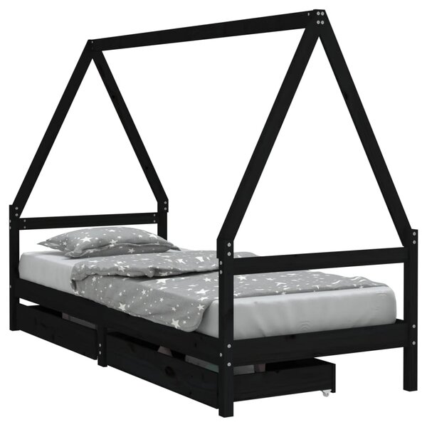 Cadru de pat copii cu sertare, negru, 90x190 cm, lemn masiv pin
