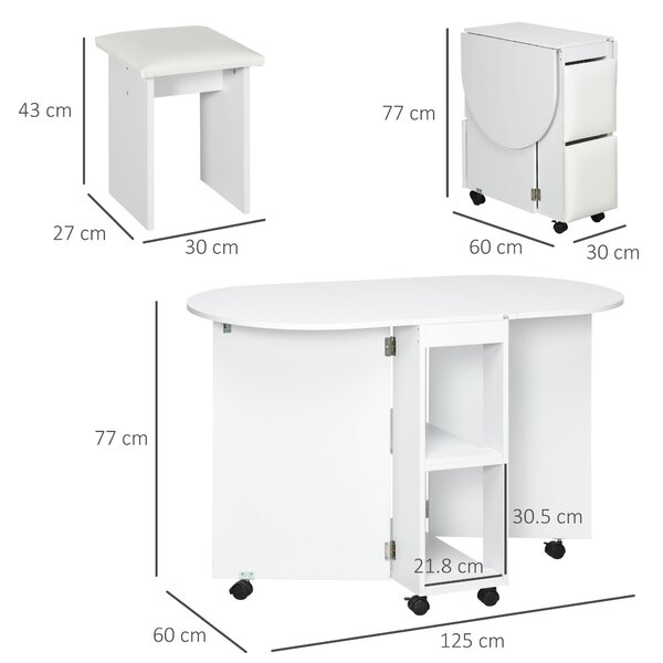 Set de masa pliabil pentru 4 persoane, cu 5 piese, scaune de sufragerie tapitate, cu rafturi de depozitare si 6 roti, alb HOMCOM | Aosom Romania