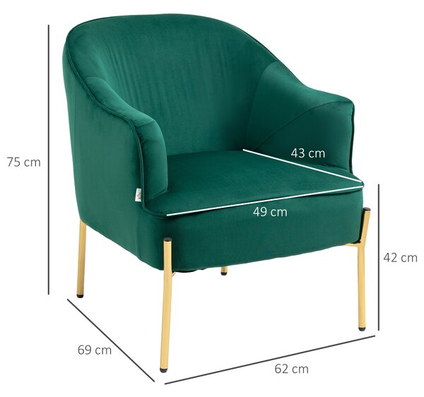 Fotoliu dormitor din material textil cu efect catifea cu picioare din otel auriu, 62x69x75 cm, verde HOMCOM | Aosom Romania