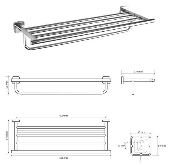 Sapho Sapho, raft prosoape INSIA cu bara 600 mm, crom, IS028