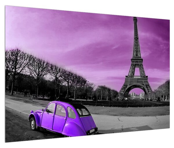 Tablou cu turnul Eiffel și mașină violet (90x60 cm)